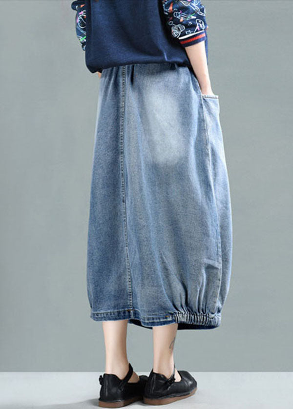 Light Blue Elastic Waist Patchwork Cotton Denim Skirt Spring