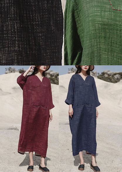 Handmade Red V Neck Side Open Cotton Dresses Spring