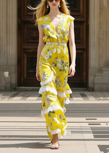 Yellow Print Patchwork Ruffled Chiffon Tunic Dress Sleeveless