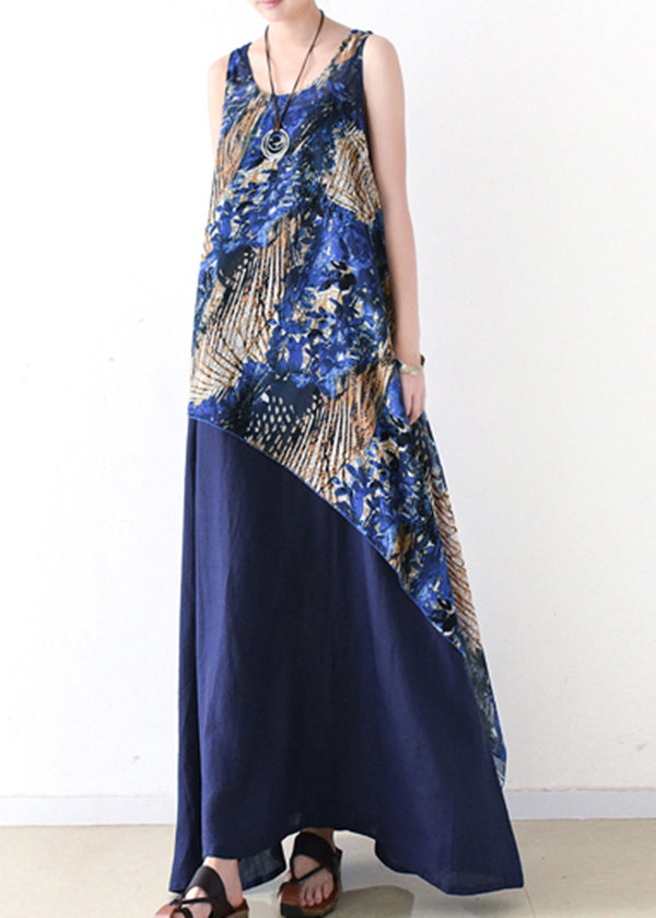 Blue Asymmetrical Print Chiffon Top and Linen Spaghetti Strap Dress Two Pieces Set Summer
