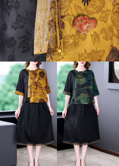 Yellow O-neck Print Button Tops Bracelet Sleeve