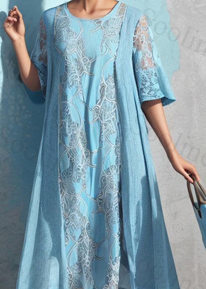 Natural Blue O Neck Print False Two Pieces Silk Dresses Summer