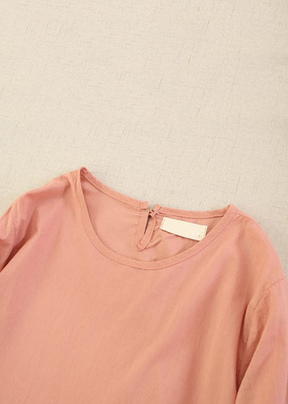Classy Pink O-neck Ruffled Cotton Long Dress Long Sleeve