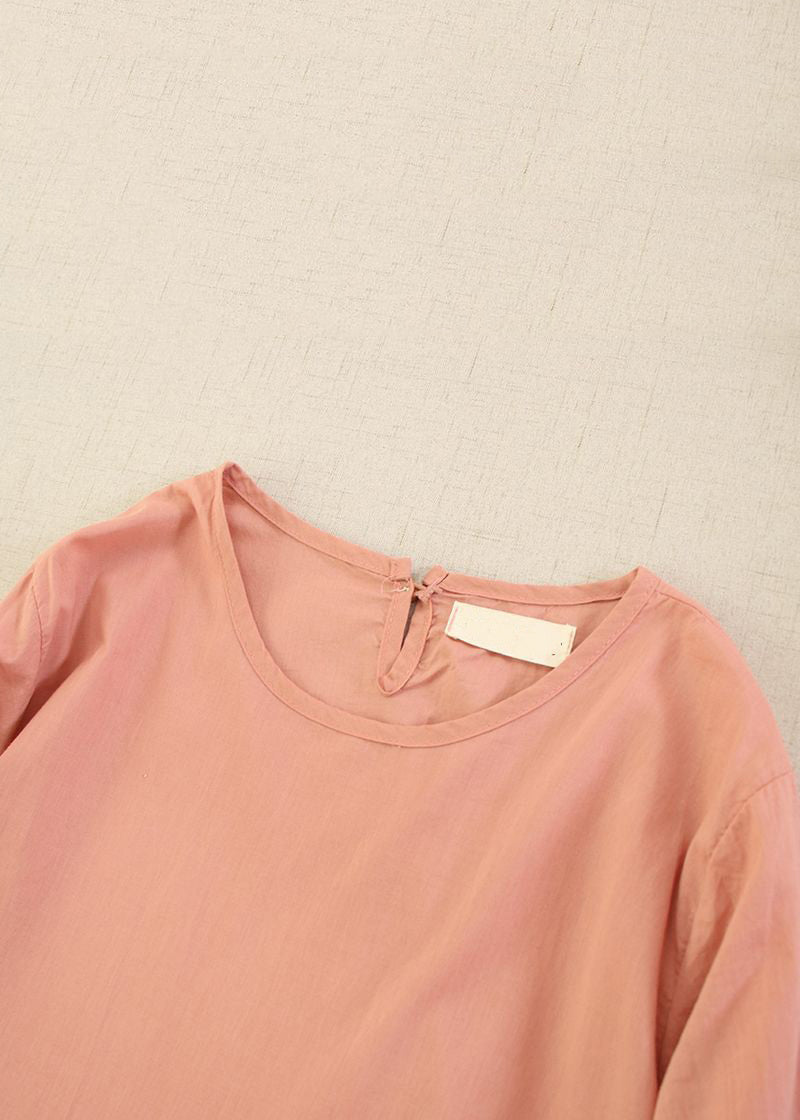 Classy Pink O-neck Ruffled Cotton Long Dress Long Sleeve