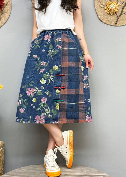 Blue Button Print Patchwork Denim Skirt Spring