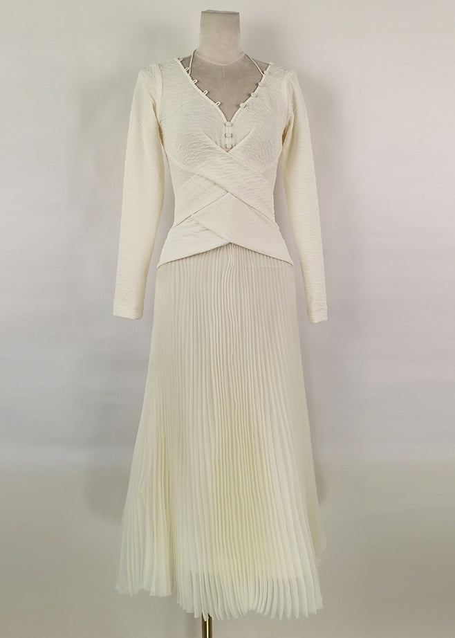 White V Neck Wrinkled Patchwork Cotton Long Dress Fall
