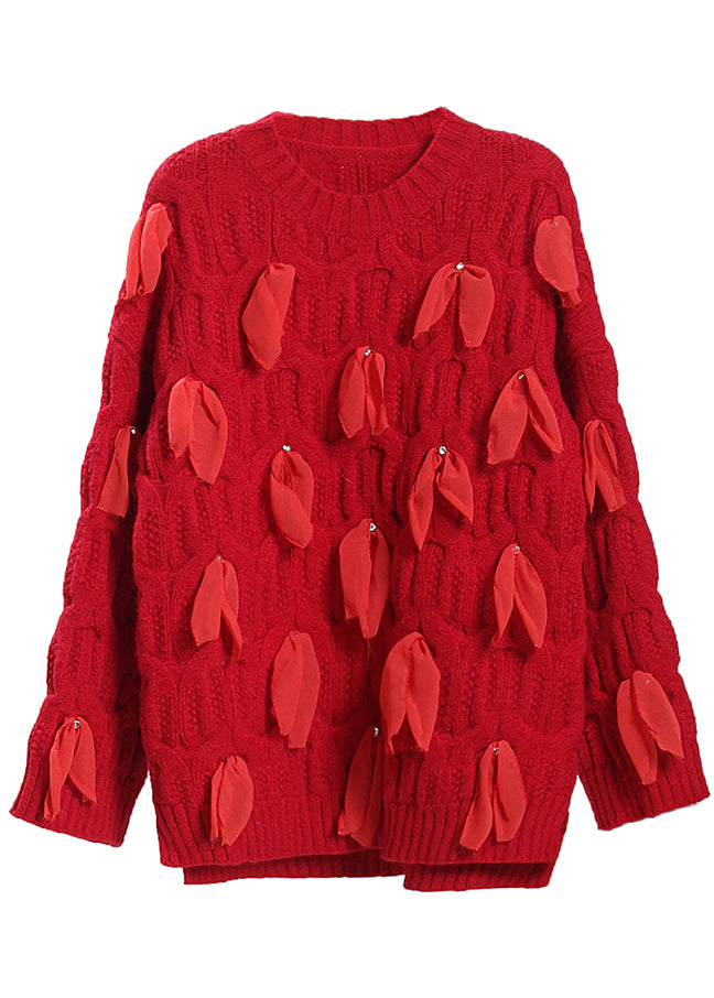 Red O-neck Bow Knit Sweaters Spring
