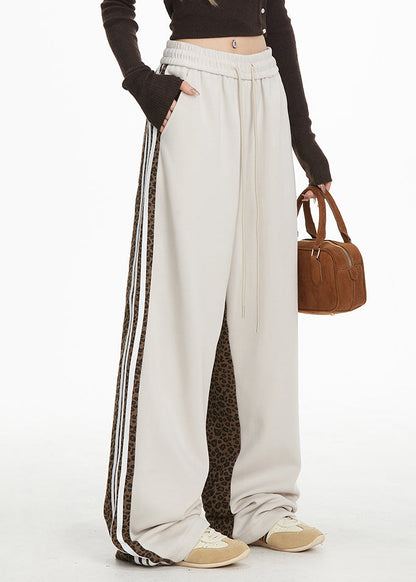 Grey Pockets Leopard Patchwork Wide Leg Pants Spring