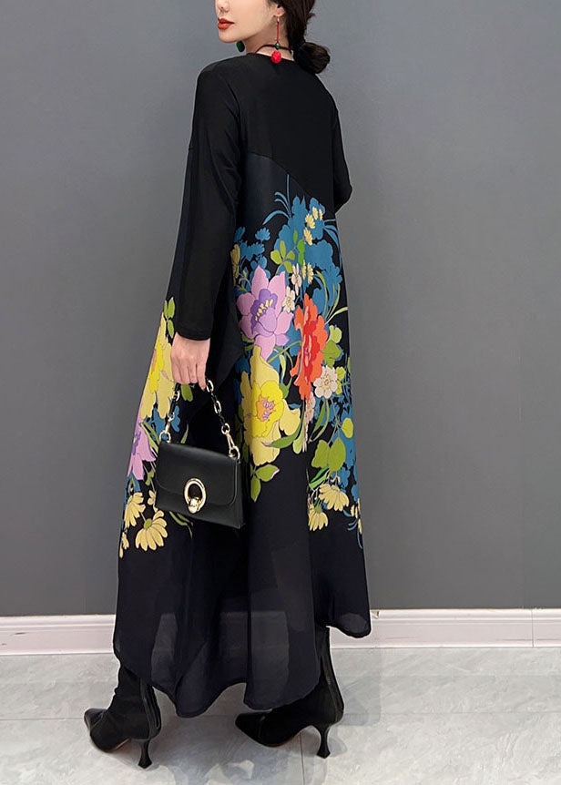 Black V Neck Patchwork Print a Line Dress Spring