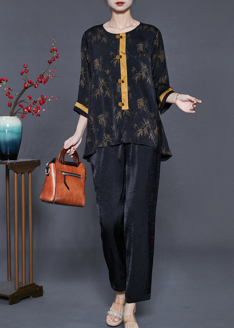 Black Oversized Print Silk Two Pieces Set Summer