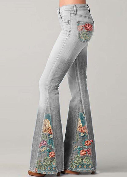 Blue High Waist Patchwork Print Denim Flare Bottoms Summer