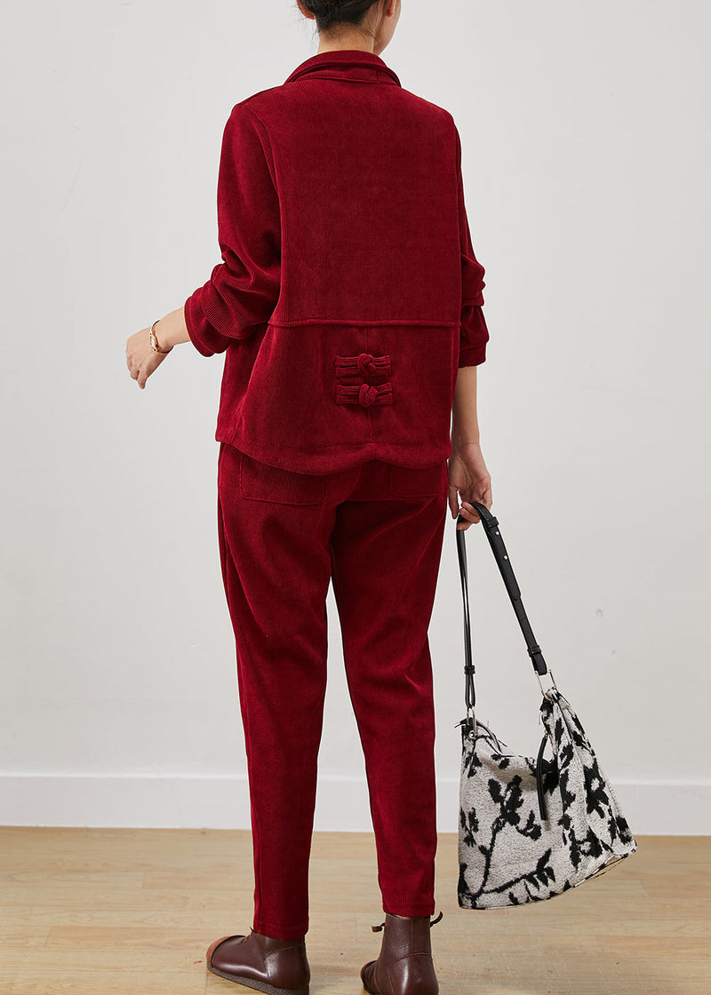 Mulberry Chinese Button Patchwork Warm Fleece Two Pieces Set Winter