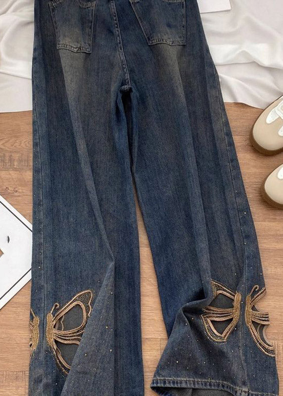 New Hollow Out Butterfly Zircon Straight Jeans