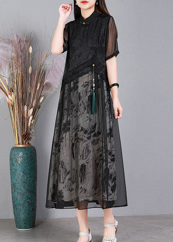 Black Mandarin Collar Print Tulle Patchwork Silk Long Dresses Short Sleeve