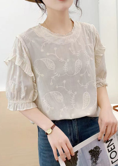 Beige Embroideried Cotton Tanks Summer