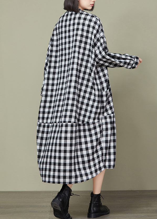 Big Plaid Pockets Patchwork Cotton Long Dresses Fall