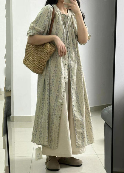 Light Green Print Button Long Shirts Dress and Skirts Two Piece Set Short Sleeve