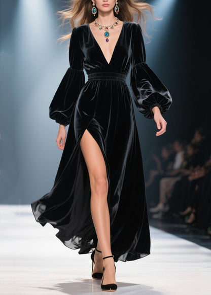 Black V Neck Side Open Velvet Long Dress Fall
