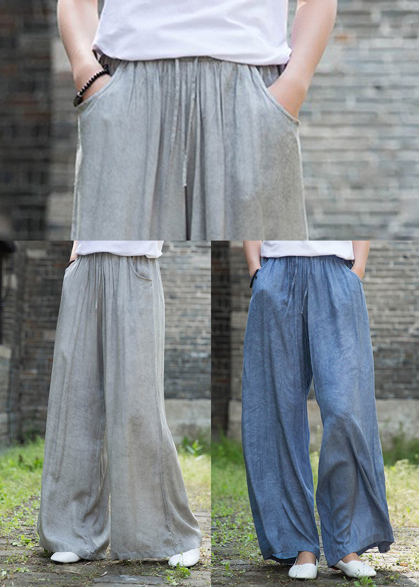 Denim Blue Elastic Waist Pockets Cotton Straight Pants Fall