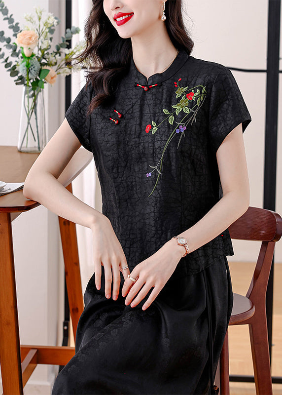 Red Stand Collar Embroidered Silk Blouses Summer