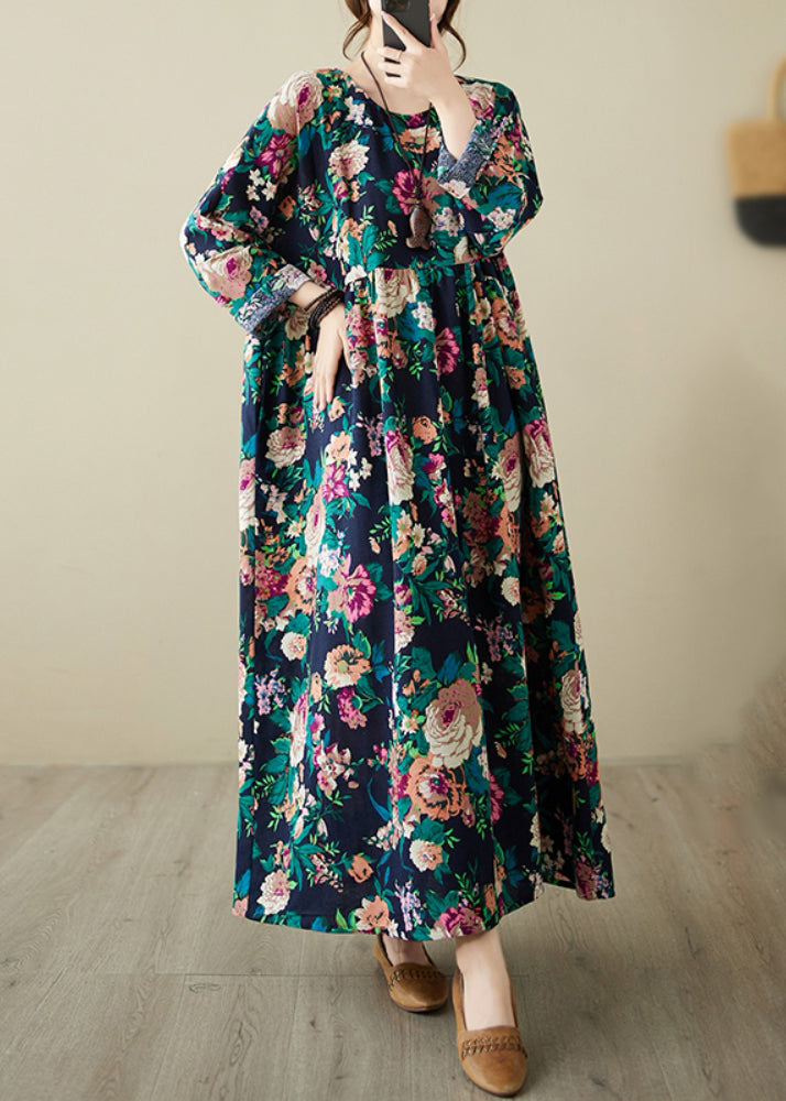 Red O-neck Print Patchwork Long Dress Long Sleeve