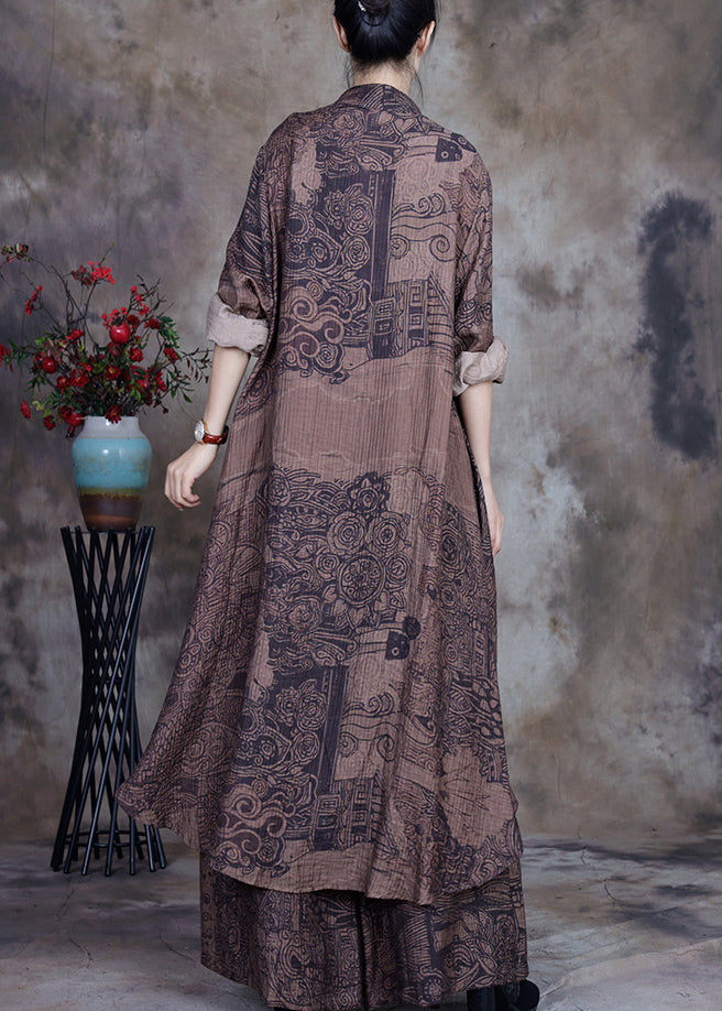 New Coffee Button Print Low High Design Linen Two-piece Set Spring
