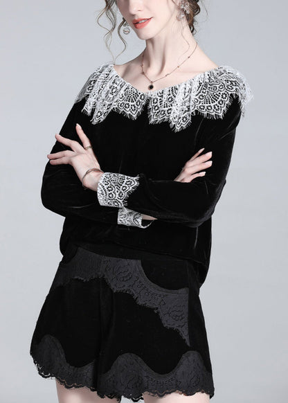 Black Lace Patchwork Silk Velour T Shirt Winter
