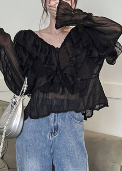 Black V Neck Ruffled Chiffon Shirts Long Sleeve