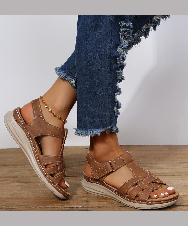 Brown Wedge Faux Leather Splicing Sandals Peep Toe