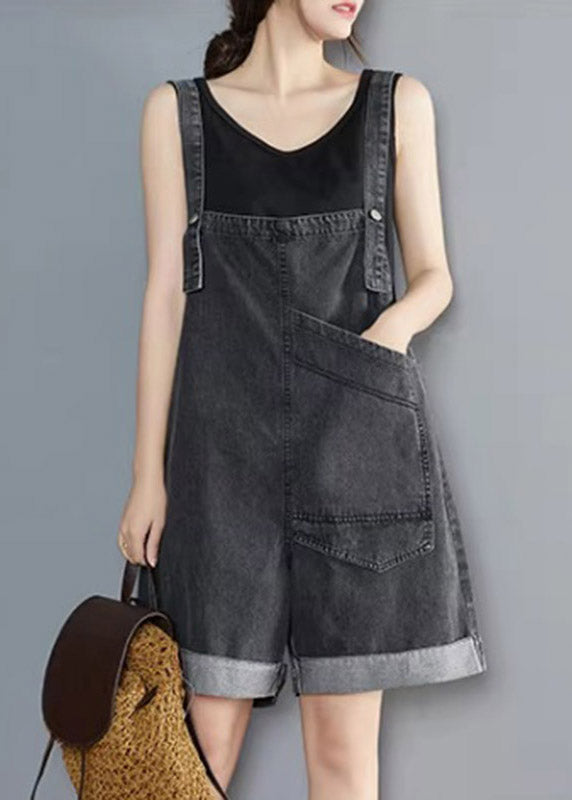 Handmade Black Asymmetrical Patchwork Pockets Denim Jumpsuit Sleeveless