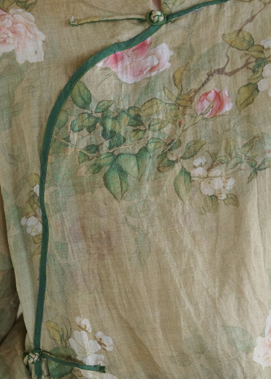 Light Green Mandarin Collar Print Patchwork Linen Dress Three Quarter Sleeve