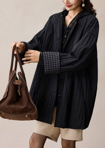 Black Oversized Wrinkled Cotton Coat Spring