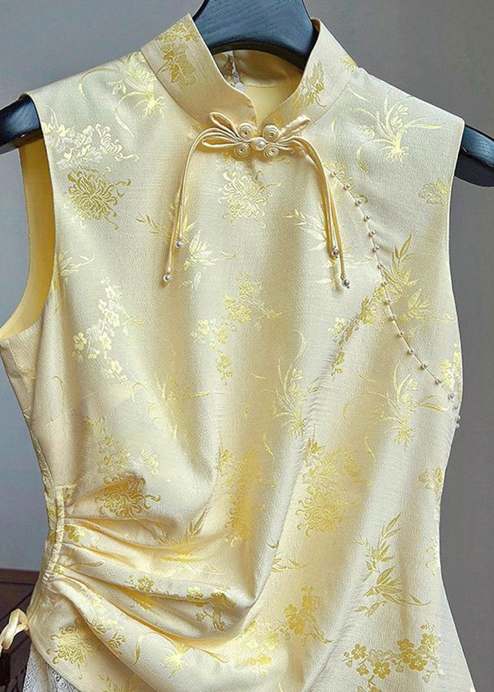Yellow Stand Collar Print Drawstring Silk Waistcoat Sleeveless