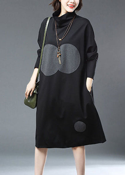 Black Turtleneck Dot Print Patchwork Cotton Dresses Fall