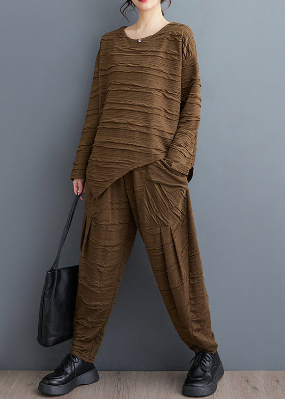 Coffee Asymmetrical Pockets Cotton Two Pieces Set O-neck Long Sleeve