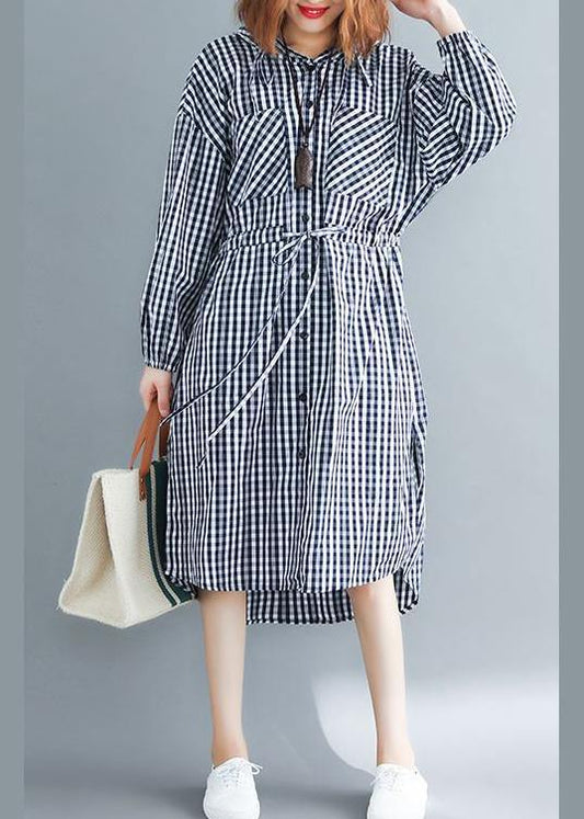 100% Black Plaid Clothes Hooded Drawstring Spring Dresses