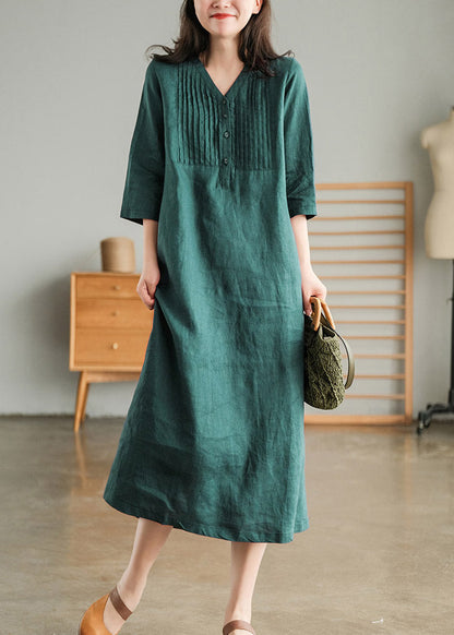 Blackish Green V Neck Linen Vacation Dresses Half Sleeve