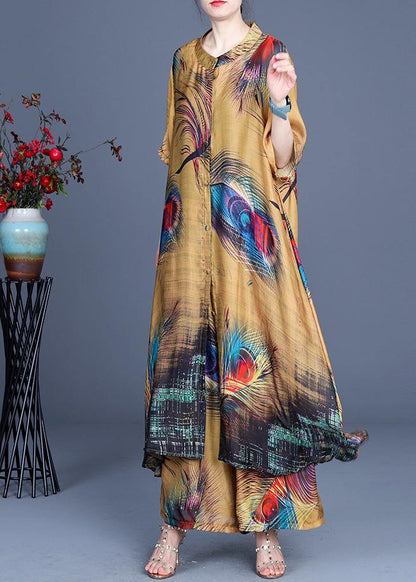 Yellow Print O-neck Silk Two Pieces Set Summer