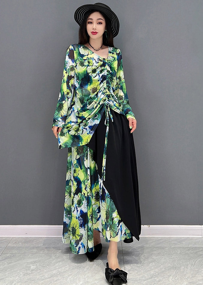 Natural Green V Neck Print Top and Maxi Skirts Two Pieces Set Summer