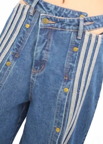 Stylish Blue Pockets Side Open Denim Wide Leg Pants Spring