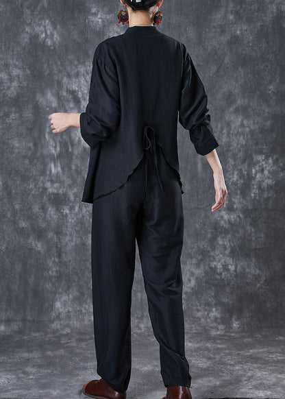 Black Oversized Tie Waist Linen Two Pieces Set Fall