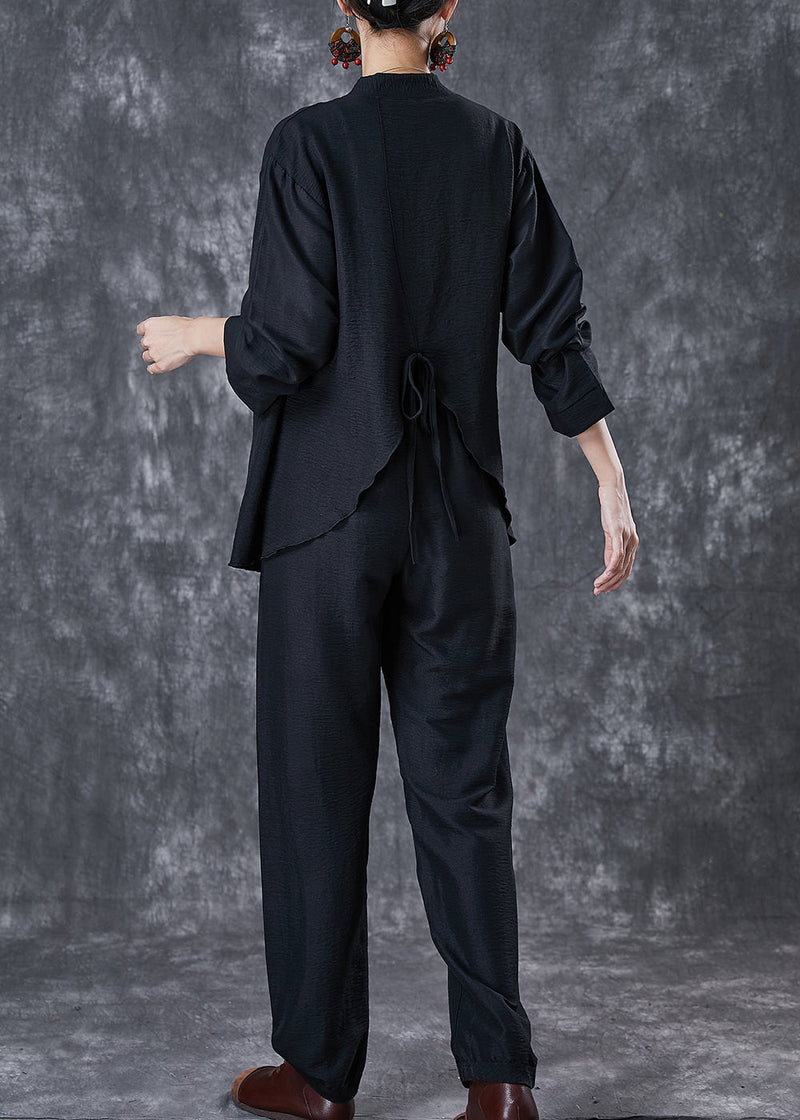 Black Oversized Tie Waist Linen Two Pieces Set Fall