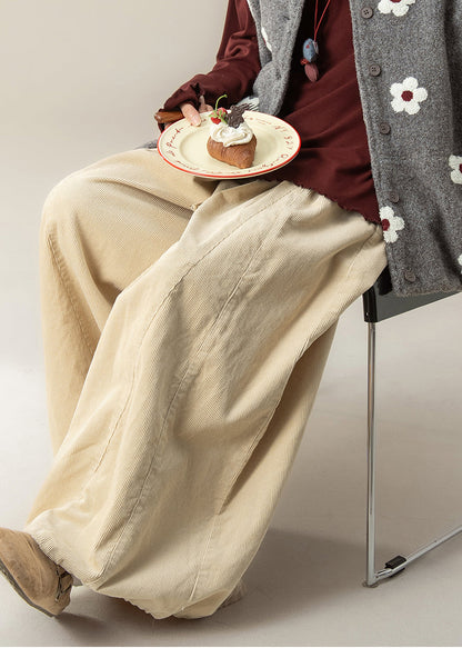 Beige Oversized Corduroy Wide Leg Pants Spring