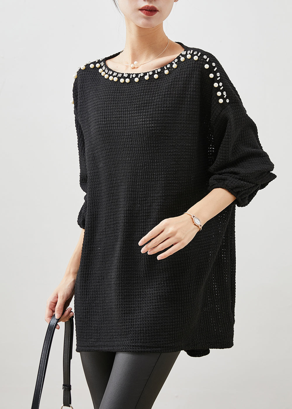 Black Oversized Nail Bead Knit Sweaters Winter