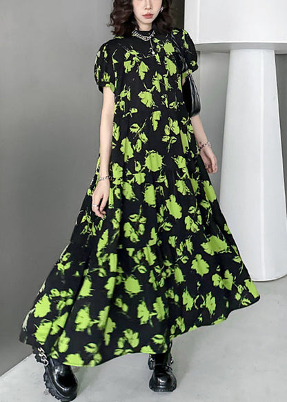 Green Print Wrinkled Patchwork Cotton Long Dresses Summer