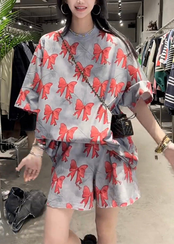Loose Red O-neck Bow Print T Shirt Summer