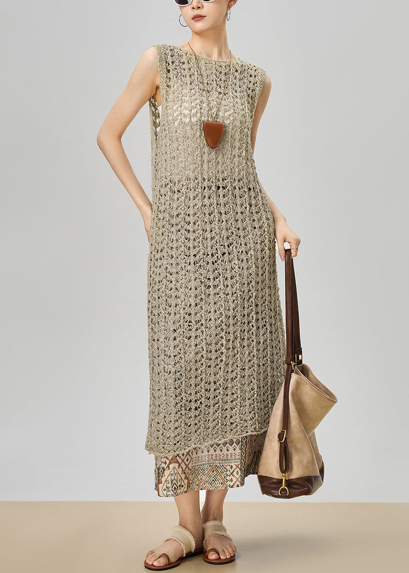 French Khaki Hollow Out Knit Dress and Print Skirts Two Pieces Set Sleeveless