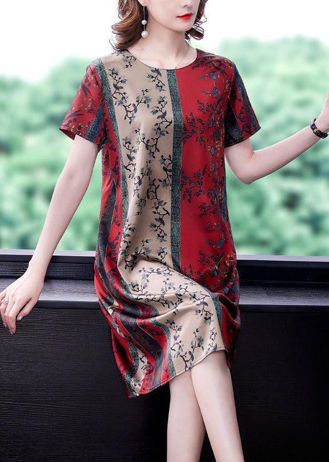 Red O-neck Print Slim Fit Silk Mid Dress Summer
