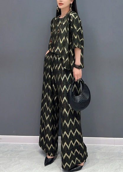 Black Gold O-neck Print and Wide Leg Pants T Shirt Two Pieces Set Short Sleeve