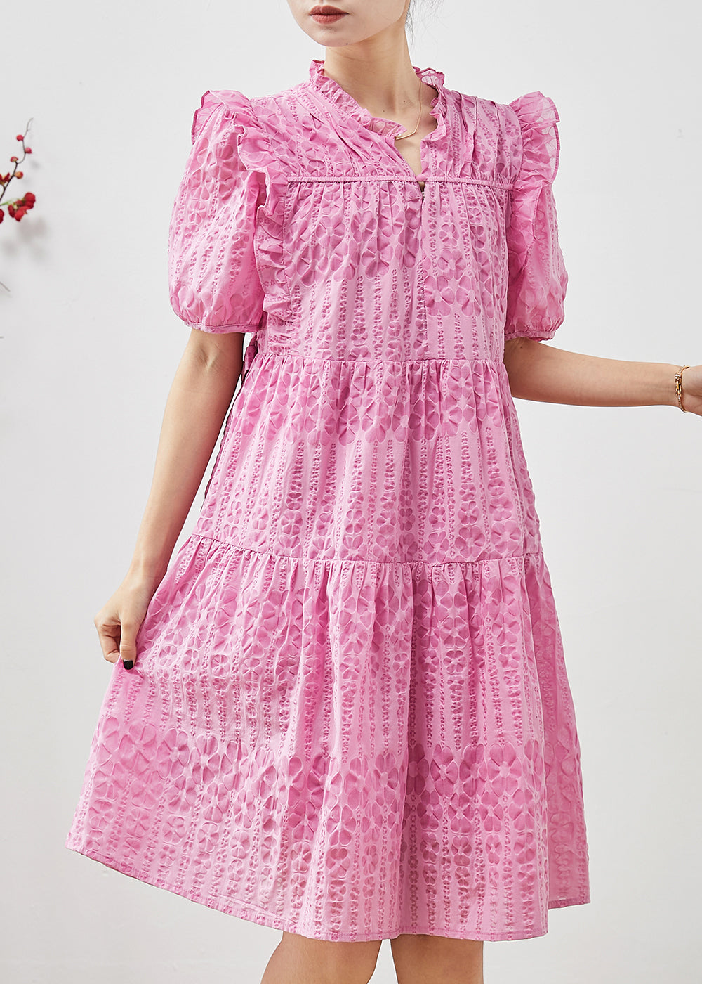 Pink Puff Sleeve Ruffled Wrinkled Day Dress Summer